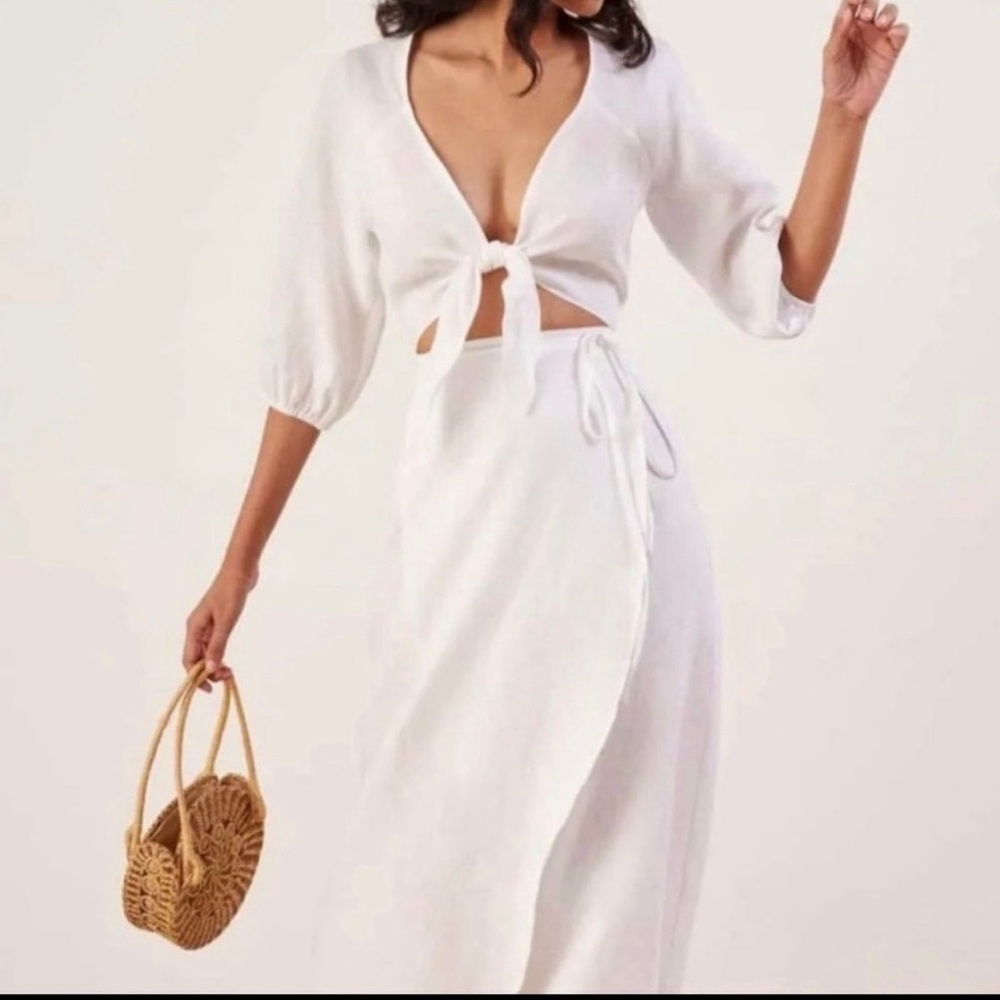 Reformation White High Low Tie Front Linen Dress S